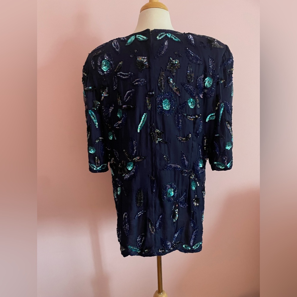 Vintage Frank Usher Silk Navy Sequin Floral Top - Picture 5 of 9